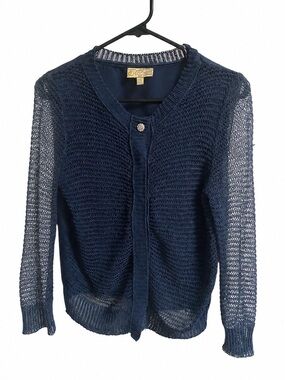 Vera Wang Navy Open-Knit Single-Button Cardigan